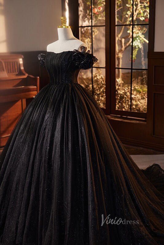 Shimmering Black Off the Shoulder Quinceanera Dresses Puffed Sleeve Ball Gown AD1062 - ViniodressQuinceanera DressesBlackCustom Size - Formal Dresses - Ball Gowns