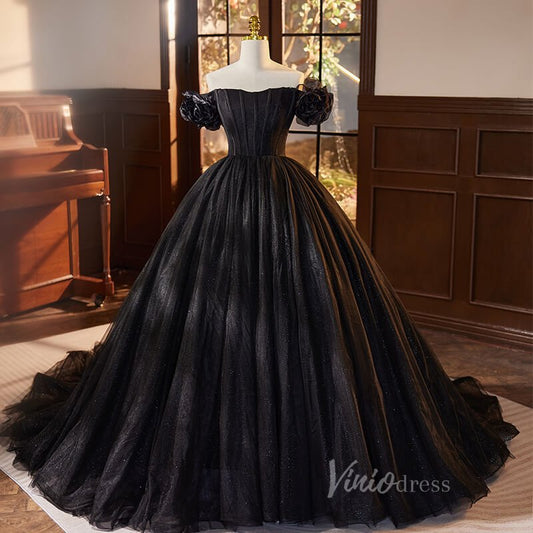 Shimmering Black Off the Shoulder Quinceanera Dresses Puffed Sleeve Ball Gown AD1062 - ViniodressQuinceanera DressesBlackCustom Size - Formal Dresses - Ball Gowns