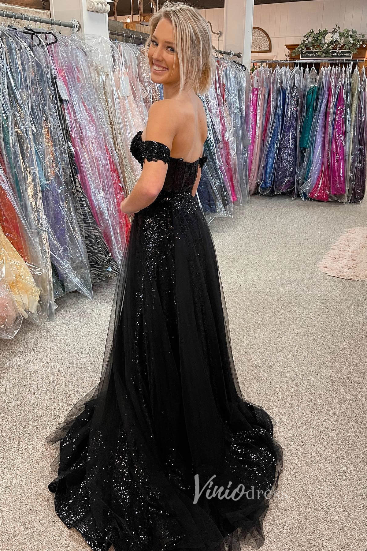 Shimmering Black Sequin Prom Dress with High Slit and Sweetheart Neck FD3486-prom dresses 2025 -Viniodress-Black-Custom Size-