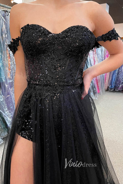 Shimmering Black Sequin Prom Dress with High Slit and Sweetheart Neck Viniodress Shimmering Black Sequin Prom Dress with High Slit and Sweetheart Neck Viniodress
