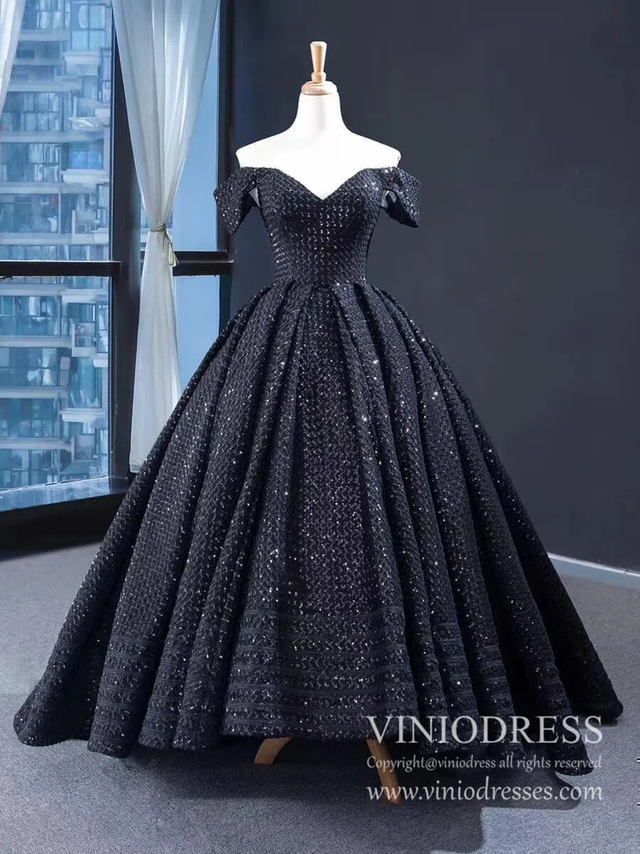 prom dresses 2025 Shimmering Black Sequin Prom Dresses Off the Shoulder Debut Gown FD1977 viniodress-plus size wedding dresses Viniodress-Black-Custom Size-