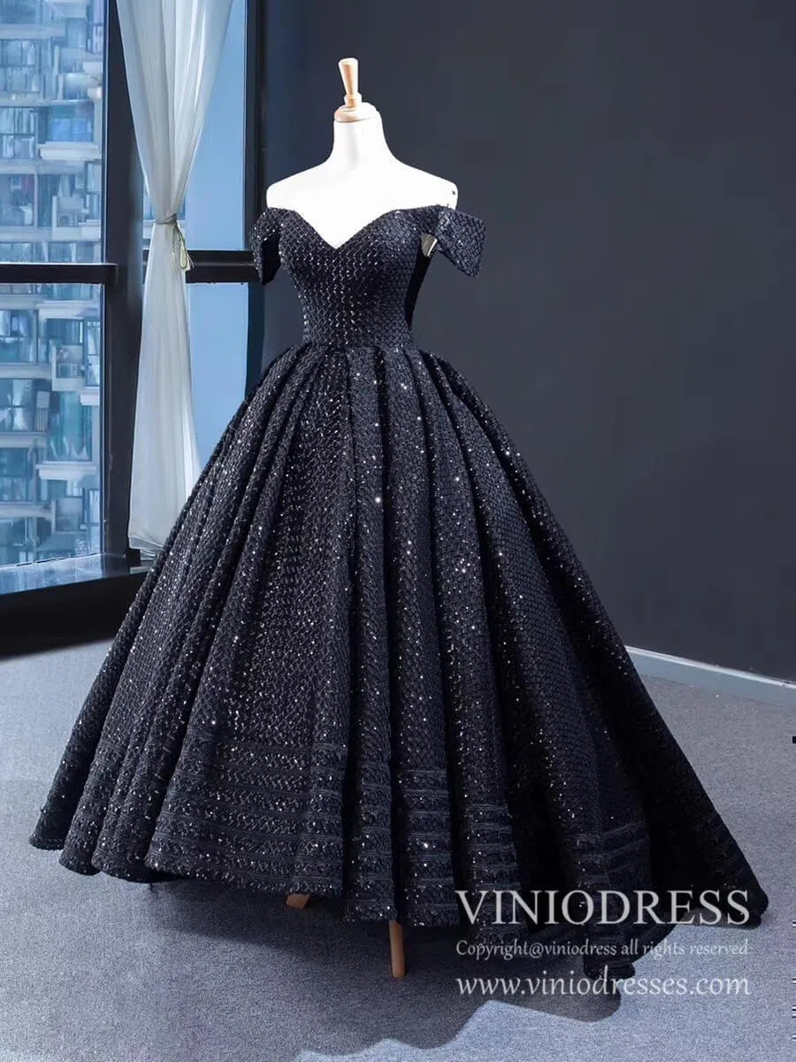 prom dresses 2025 Shimmering Black Sequin Prom Dresses Off the Shoulder Debut Gown FD1977 viniodress-plus size wedding dresses Viniodress-Black-Custom Size-