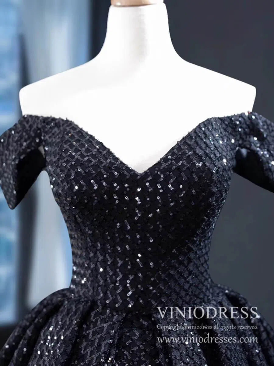 prom dresses 2025 Shimmering Black Sequin Prom Dresses Off the Shoulder Debut Gown FD1977 viniodress-plus size wedding dresses Viniodress-Black-Custom Size-