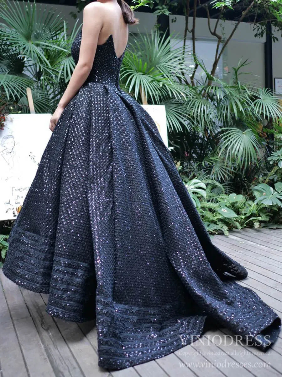 prom dresses 2025 Shimmering Black Sequin Prom Dresses Off the Shoulder Debut Gown FD1977 viniodress-plus size wedding dresses Viniodress-Black-Custom Size-