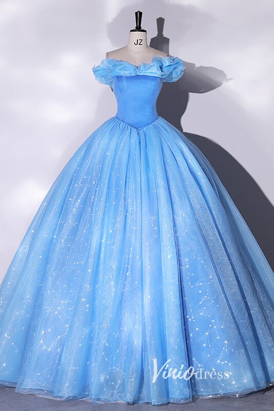 Shimmering Blue Off the Shoulder Quinceanera Dresses FD3541 - Viniodressprom dressesBlueCustom Size - Formal Dresses - Ball Gowns