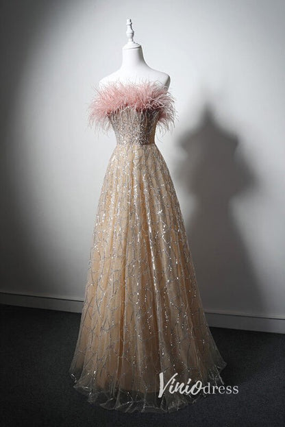 Shimmering Champange Beaded Prom Dresses with Feathers AD1029-prom dresses 2025 -Viniodress-Champagne-Custom Size-