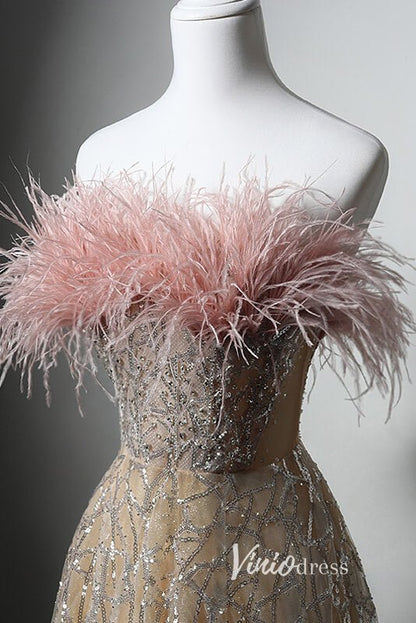 Shimmering Champange Beaded Prom Dresses with Feathers AD1029-prom dresses 2025 -Viniodress-Champagne-Custom Size-