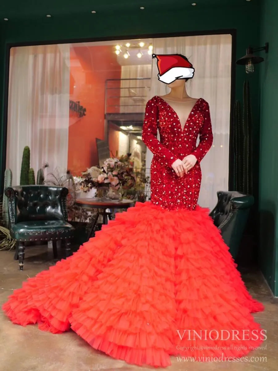 Shimmering Dark Red Mermaid Wedding Dresses Long Sleeve Pageant Dress FD1986-prom dresses 2025 -Viniodress-Red-Custom Size-