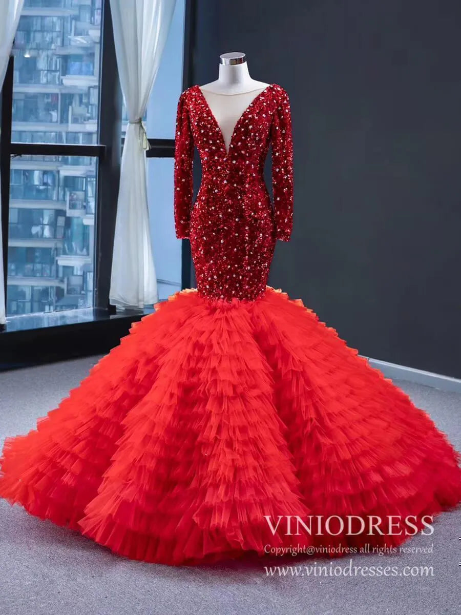 Shimmering Dark Red Mermaid Wedding Dresses Long Sleeve Pageant Dress FD1986-prom dresses 2025 -Viniodress-Red-Custom Size-