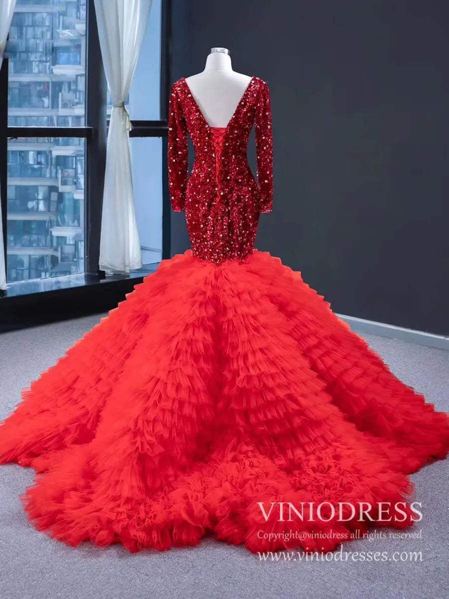 Shimmering Dark Red Mermaid Wedding Dresses Long Sleeve Pageant Dress FD1986-prom dresses 2025 -Viniodress-Red-Custom Size-
