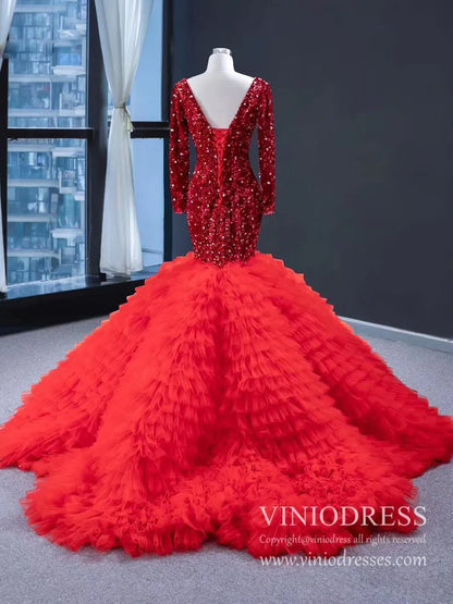 Shimmering Dark Red Mermaid Wedding Dresses Long Sleeve Pageant Dress FD1986-prom dresses 2025 -Viniodress-Red-Custom Size-