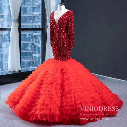 Shimmering Dark Red Mermaid Wedding Dresses Long Sleeve Pageant Dress FD1986-prom dresses 2025 -Viniodress-Red-Custom Size-
