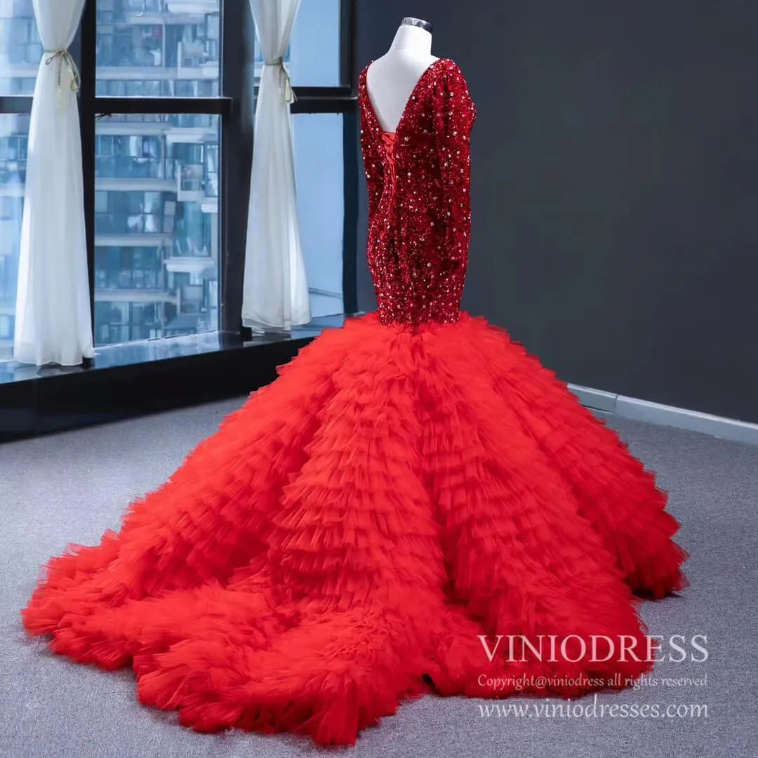Shimmering Dark Red Mermaid Wedding Dresses Long Sleeve Pageant Dress FD1986-prom dresses 2025 -Viniodress-Red-Custom Size-