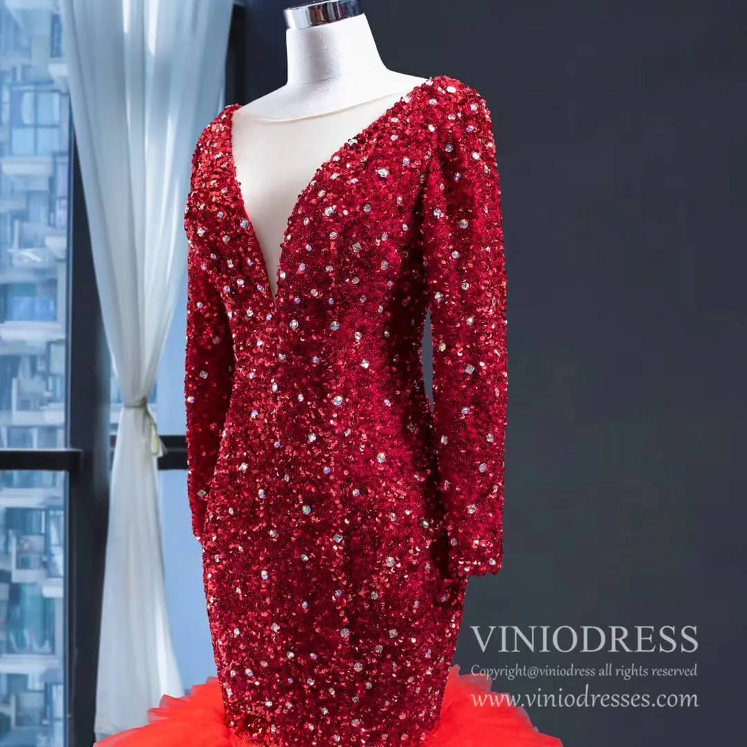 Shimmering Dark Red Mermaid Wedding Dresses Long Sleeve Pageant Dress FD1986-prom dresses 2025 -Viniodress-Red-Custom Size-