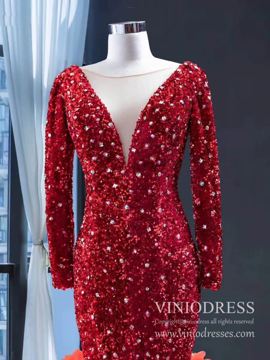 Shimmering Dark Red Mermaid Wedding Dresses Long Sleeve Pageant Dress FD1986-prom dresses 2025 -Viniodress-Red-Custom Size-