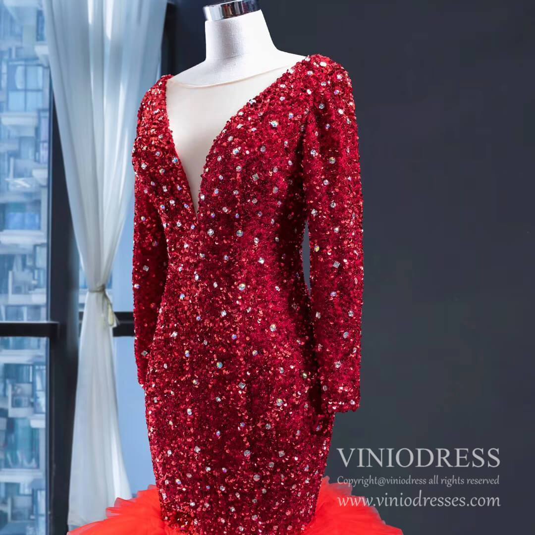 Prom Dress 2025 Shimmering Dark Red Mermaid Wedding Dresses Long Sleeve Pageant Dress FD1986-unique prom dresses-Red-Custom Size-Viniodress