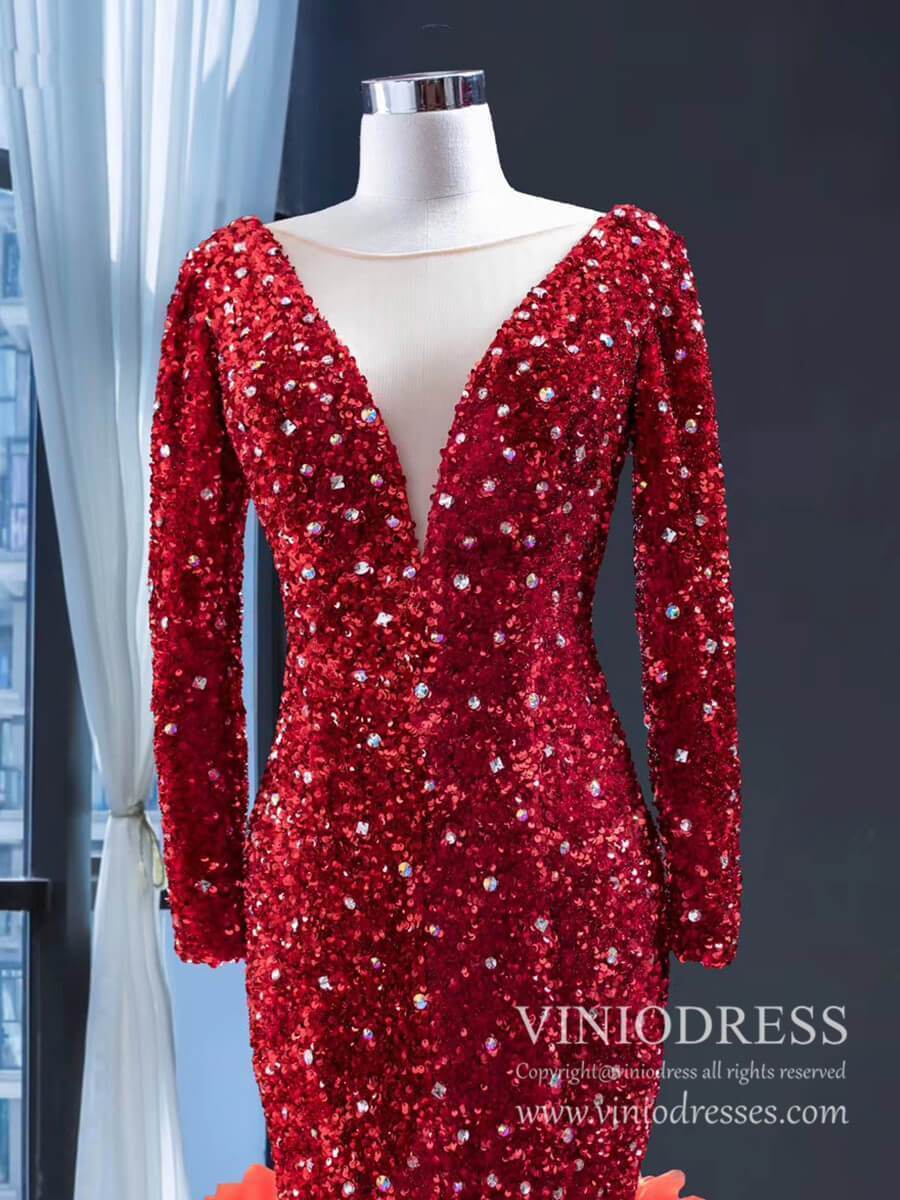 Prom Dress 2025 Shimmering Dark Red Mermaid Wedding Dresses Long Sleeve Pageant Dress FD1986-unique prom dresses-Red-Custom Size-Viniodress