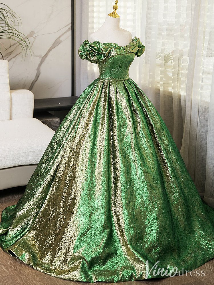 Shimmering Green Off the Shoulder Prom Dresses Sparkly Jacquard Formal Gown AD1361-prom dresses 2025 -Viniodress-Green-Custom Size-