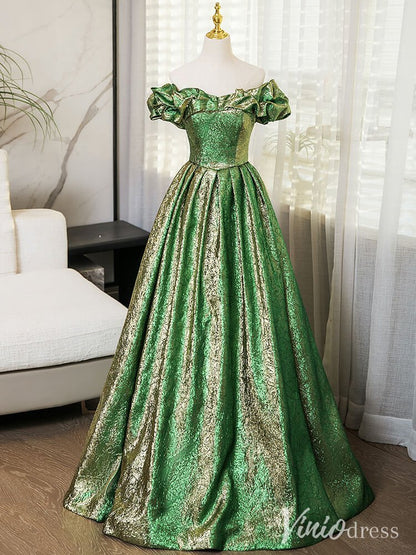 Shimmering Green Off the Shoulder Prom Dresses Sparkly Jacquard Formal Gown AD1361-prom dresses 2025 -Viniodress-Green-Custom Size-