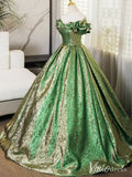 Shimmering Green Off the Shoulder Prom Dresses Sparkly Jacquard Formal Gown AD1361-prom dresses-Viniodress-Viniodress