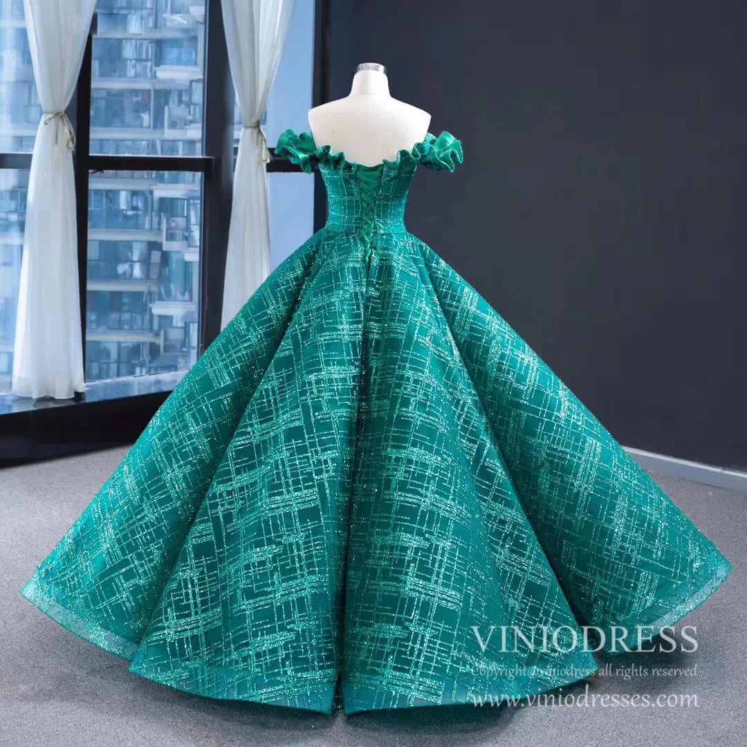 Shimmering Green Quinceanera Dresses Off the Shoulder Princess Dress FD1983 viniodress-Quinceanera Dresses 2025 -Viniodress-As Picture-Custom Size-