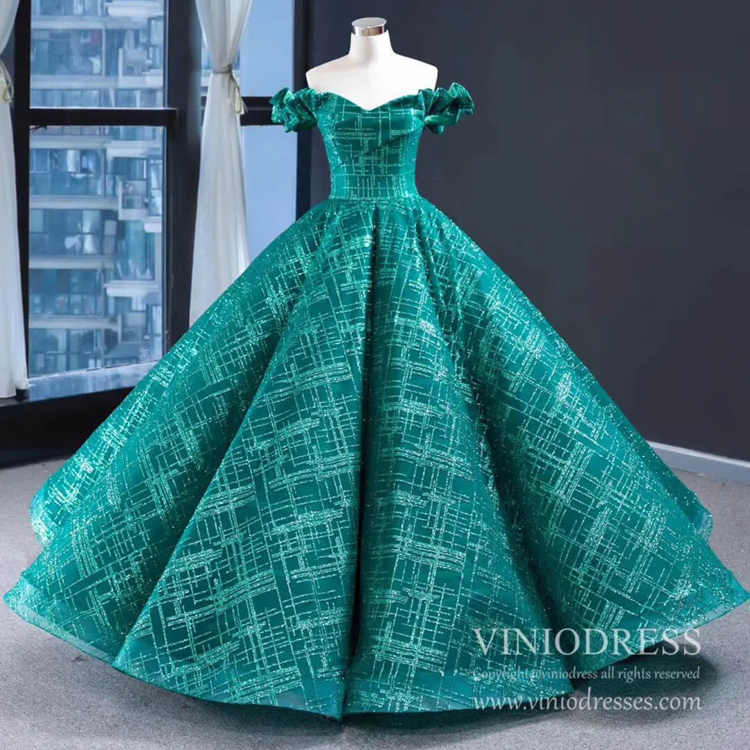 Shimmering Green Quinceanera Dresses Off the Shoulder Princess Dress FD1983 viniodress-Quinceanera Dresses 2025 -Viniodress-As Picture-Custom Size-