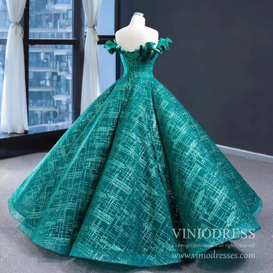 Shimmering Green Quinceanera Dresses Off the Shoulder Princess Dress FD1983 viniodress-Quinceanera Dresses 2025 -Viniodress-As Picture-Custom Size-