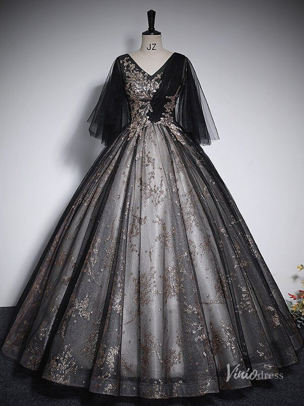 Shimmering Lace Short Sleeve Prom Ball Gown V-Neck Quinceanera Dresses BG060-prom dresses 2025 -Viniodress-Black-Custom Size-