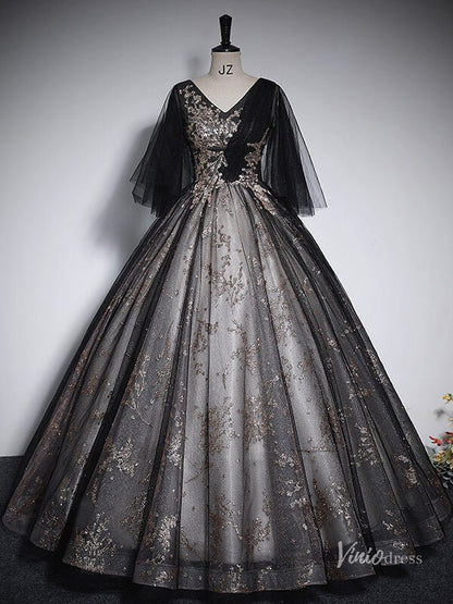 Shimmering Lace Short Sleeve Prom Ball Gown V-Neck Quinceanera Dresses BG060-prom dresses 2025 -Viniodress-Black-Custom Size-