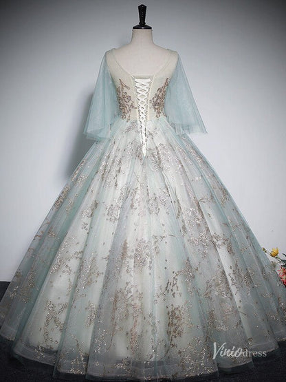 Shimmering Lace Short Sleeve Prom Ball Gown V-Neck Quinceanera Dresses BG060-prom dresses 2025 -Viniodress-Green-Custom Size-