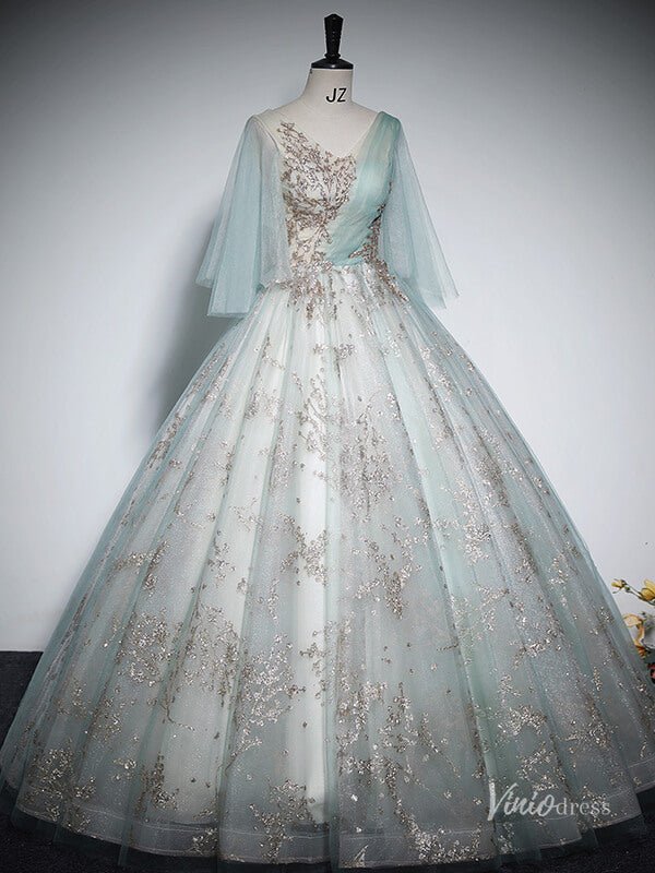 Shimmering Lace Short Sleeve Prom Ball Gown V-Neck Quinceanera Dresses BG060-prom dresses 2025 -Viniodress-Green-Custom Size-