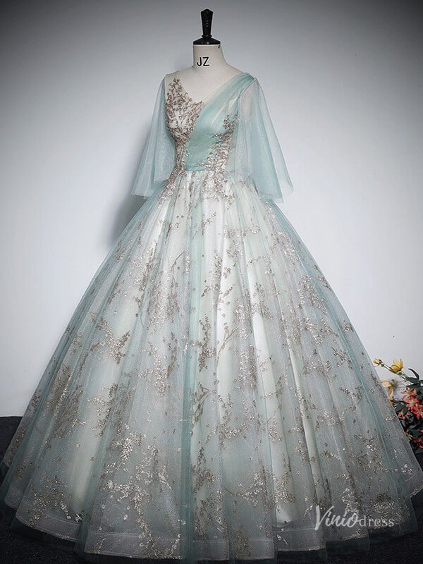 Shimmering Lace Short Sleeve Prom Ball Gown V-Neck Quinceanera Dresses BG060-prom dresses 2025 -Viniodress-Green-Custom Size-