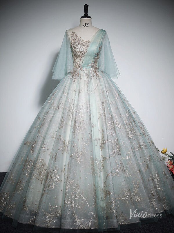 Shimmering Lace Short Sleeve Prom Ball Gown V-Neck Quinceanera Dresses BG060-prom dresses 2025 -Viniodress-Green-Custom Size-