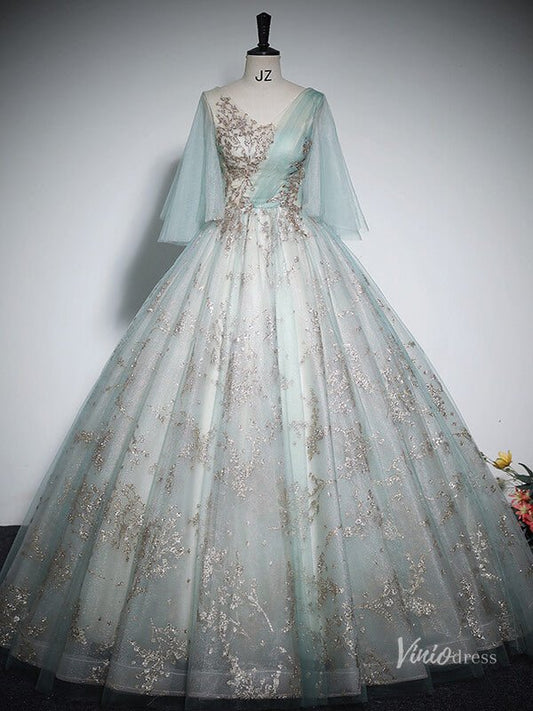 Shimmering Lace Short Sleeve Prom Ball Gown V-Neck Quinceanera Dresses BG060-prom dresses 2025 -Viniodress-Green-Custom Size-