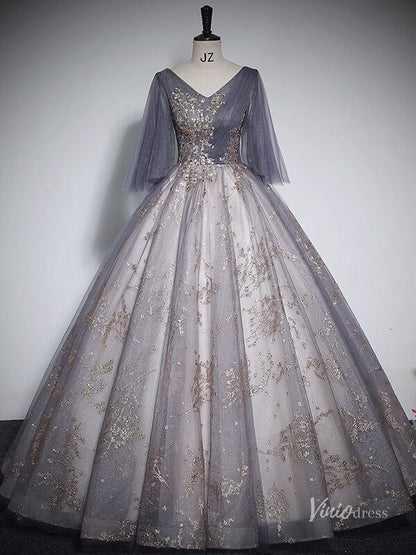 Shimmering Lace Short Sleeve Prom Ball Gown V-Neck Quinceanera Dresses BG060-prom dresses 2025 -Viniodress-Purple-Custom Size-