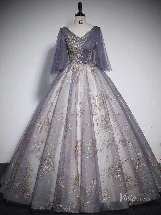 Shimmering Lace Short Sleeve Prom Ball Gown V-Neck Quinceanera Dresses BG060-prom dresses 2025 -Viniodress-Purple-Custom Size-