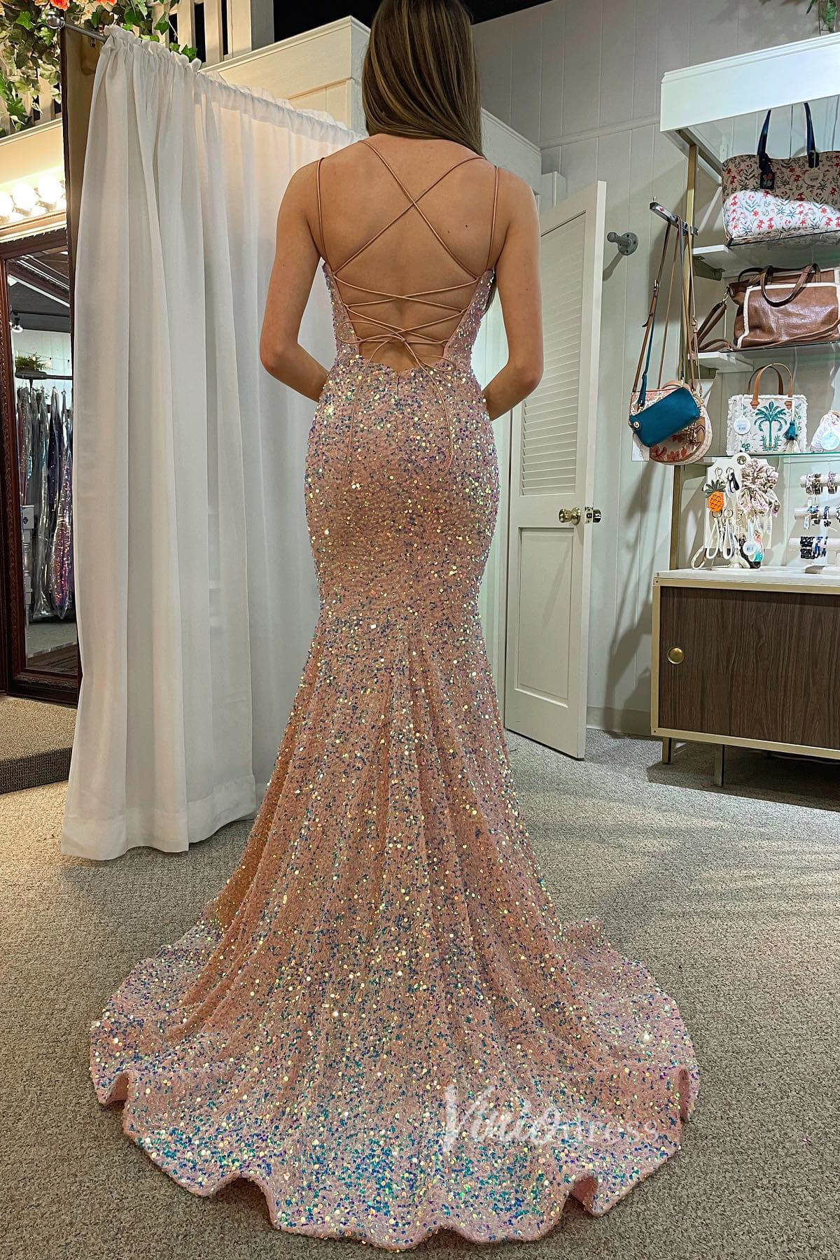 Shimmering Mermaid Sequin Prom Dress with Plunging Spaghetti Strap and Corset Back FD3492 - Viniodressprom dressesBlush PinkCustom Size - Formal Dresses - Ball Gowns