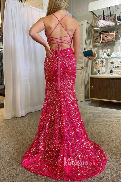 Shimmering Mermaid Sequin Prom Dress with Plunging Spaghetti Strap and High Slit FD3491-prom dresses 2025 -Viniodress-Fuchsia-Custom Size-