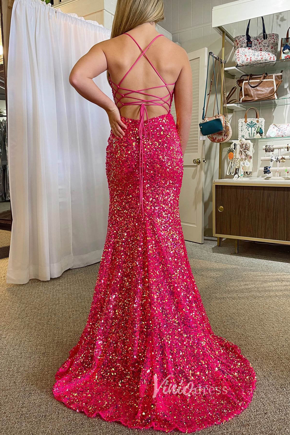 Shimmering Mermaid Sequin Prom Dress with Plunging Spaghetti Strap and High Slit FD3491 - Viniodressprom dressesFuchsiaCustom Size - Formal Dresses - Ball Gowns