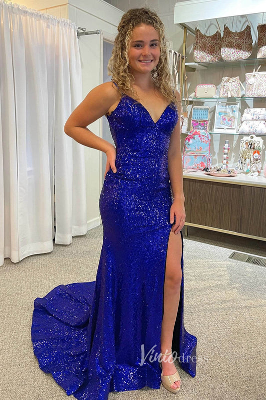 Shimmering Mermaid Sequin Prom Dress with Spaghetti Strap and High Slit FD3488-prom dresses 2025 -Viniodress-Blue-Custom Size-
