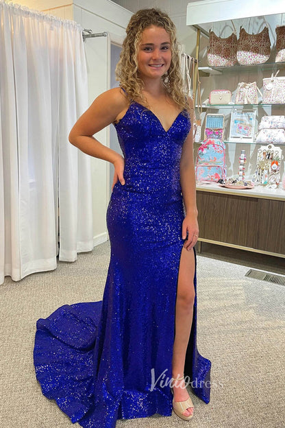 Shimmering Mermaid Sequin Prom Dress with Spaghetti Strap and High Slit FD3488-prom dresses 2025 -Viniodress-Blue-Custom Size-
