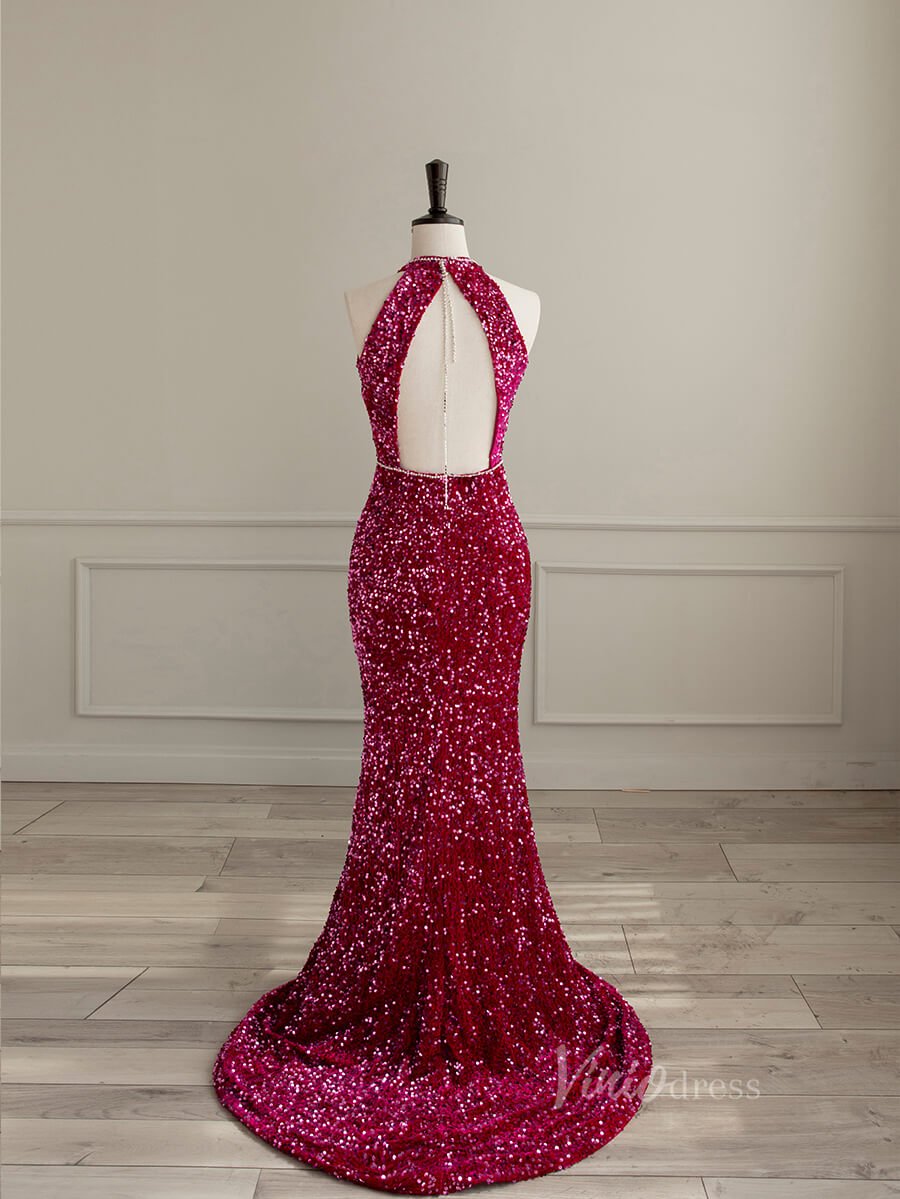 Shimmering Mermaid Sequin Prom Dresses Halter Neck Evening Dress AD1083-prom dresses 2025 -Viniodress-Fuchsia-Custom Size-