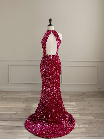 Shimmering Mermaid Sequin Prom Dresses Halter Neck Evening Dress AD1083-prom dresses 2025 -Viniodress-Fuchsia-Custom Size-