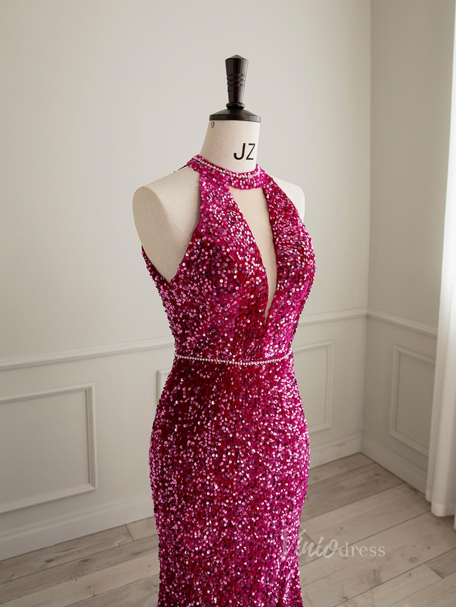 Shimmering Mermaid Sequin Prom Dresses Halter Neck Evening Dress AD1083-prom dresses 2025 -Viniodress-Fuchsia-Custom Size-