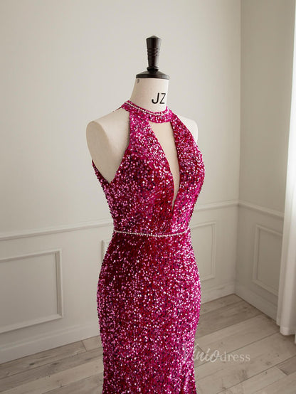 Shimmering Mermaid Sequin Prom Dresses Halter Neck Evening Dress AD1083-prom dresses 2025 -Viniodress-Fuchsia-Custom Size-