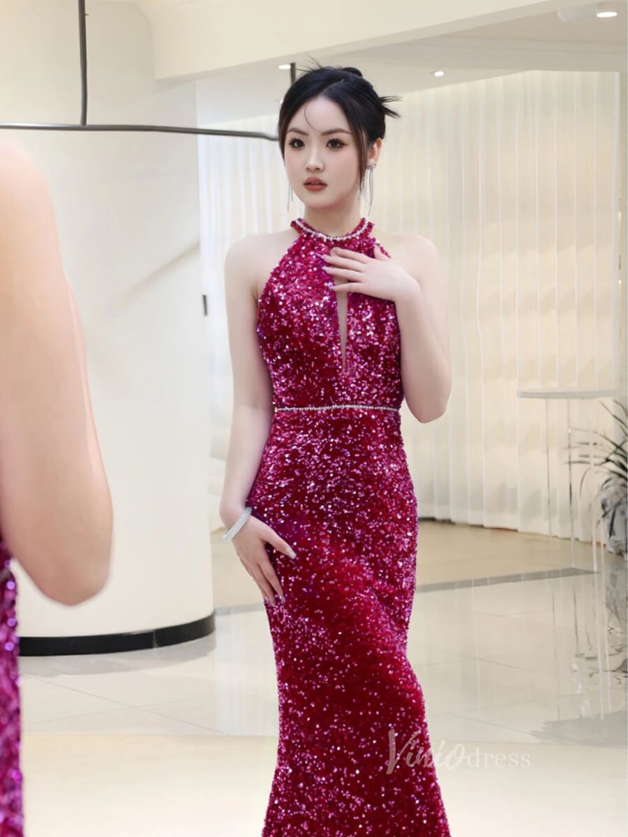 Shimmering Mermaid Sequin Prom Dresses Halter Neck Evening Dress AD1083-prom dresses 2025 -Viniodress-Fuchsia-Custom Size-
