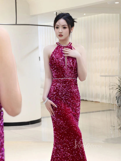 Shimmering Mermaid Sequin Prom Dresses Halter Neck Evening Dress AD1083-prom dresses 2025 -Viniodress-Fuchsia-Custom Size-