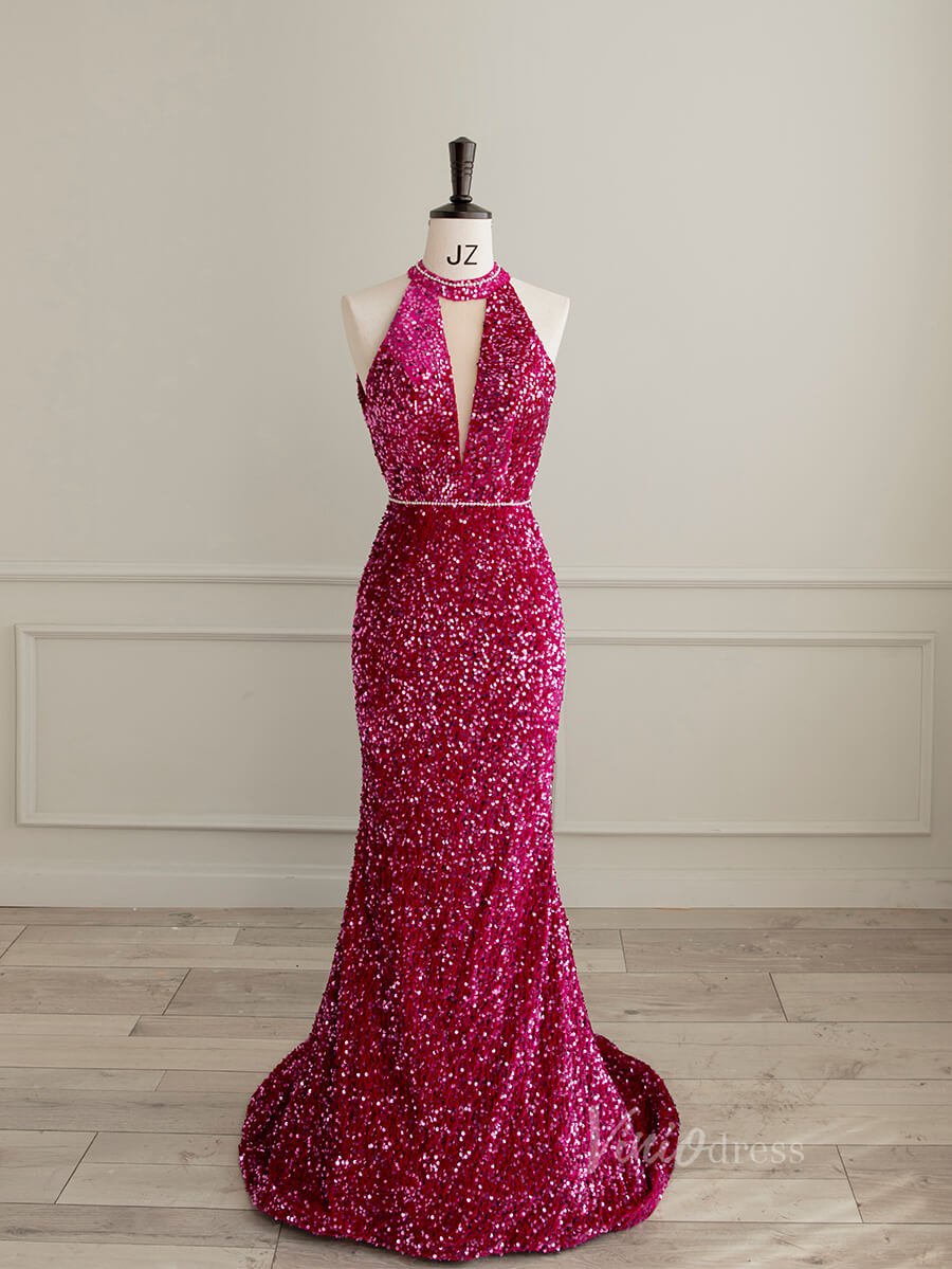 Shimmering Mermaid Sequin Prom Dresses Halter Neck Evening Dress AD1083-prom dresses 2025 -Viniodress-Fuchsia-Custom Size-