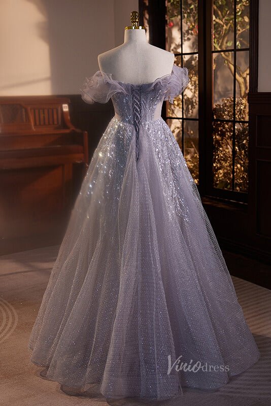 Shimmering Off the Shoulder Prom Dresses Beaded Sequin Evening Dress AD1055-prom dresses 2025 -Viniodress-Lavender-Custom Size-