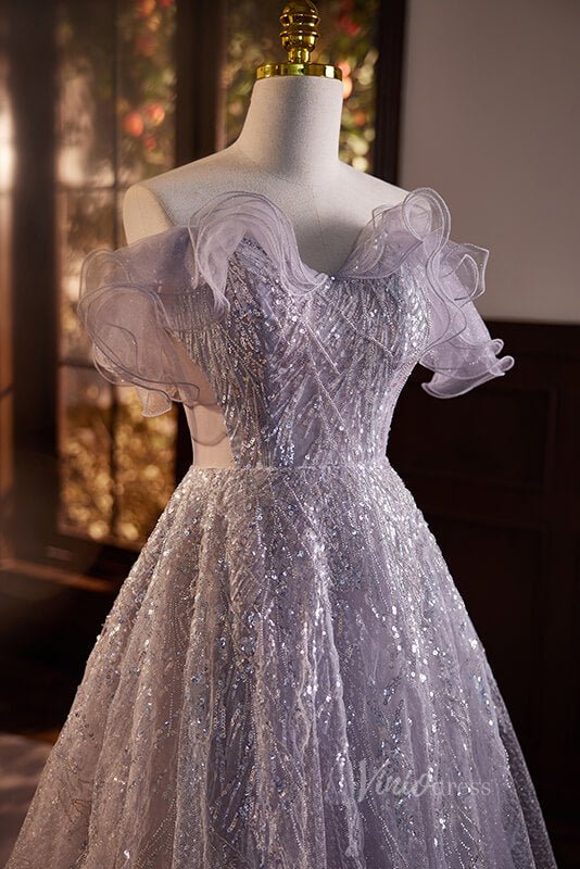 Shimmering Off the Shoulder Prom Dresses Beaded Sequin Evening Dress AD1055-prom dresses 2025 -Viniodress-Lavender-Custom Size-